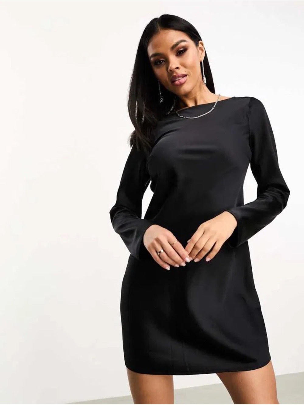 NWT ABERCROMBIE AND FITCH Satin Open-Back Long-Sleeve Mini Dress Delicate Tie - Picture 3 of 6